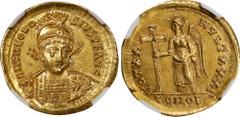 THEODOSIUS II, A.D. 402-450. AV Solidus (4.44 gms), Constantinople Mint, 3rd Officina, A.D. 420-22. NGC Ch AU, Strike: 5/5 Surface: 3/5. Edge Cut. RIC-219. Obverse: Helmeted, cuirassed bust facing thr