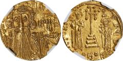 CONSTANS II with CONSTANTINE IV, HERACLIUS & TIBERIUS, 641-668. AV Solidus (4.46 gms), Constantinople Mint, 9th Officina, 662-667. NGC Ch AU, Strike: 4/5 Surface: 3/5. Die Shift. S-964. Obverse: Crown