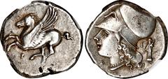 CORINTHIA. Corinth. AR Stater, ca. 375-300 B.C. NGC Ch VF. Brushed. HGC-4, 1848; Pegasi-460; BCD Corinth-135. Obverse: Pegasos flying left; Reverse: Head of Athena left, wearing Corinthian helmet, Δ-I