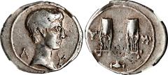 AUGUSTUS, 27 B.C.- A.D. 14. Lycia, Masicytes. Lycian League. AR Drachm, ca. 27-20 B.C. NGC FINE. RPC-3309C; SNG von Aulock-4356. Obverse: Bare head of Augustus to right; ΛΥ across fields; Reverse: Two