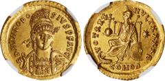 THEODOSIUS II, A.D. 402-450. AV Solidus (4.40 gms), Constantinople Mint, 2nd Officina, ca. A.D. 430-440. NGC Ch AU, Strike: 5/5 Surface: 4/5. Edge Marks. RIC-257. Obverse: Pearl-diademed, helmeted and
