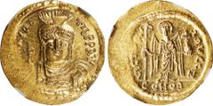 MAURICE TIBERIUS, 582-602. AV Solidus (4.46 gms), Constantinople Mint, 7th Officina, 583/4-602. NGC MS, Strike: 4/5 Surface: 5/5. S-478. Obverse: Helmeted, draped, and cuirassed bust facing, holding g