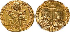 BASIL I with CONSTANTINE, 867-886. AV Solidus (4.26 gms), Constantinople Mint, 868-879. NGC Ch VF, Strike: 5/5 Surface: 3/5. S-1704. Obverse: Christ Pantokrator seated facing on throne; Reverse: Crown