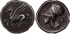 CORINTHIA. Corinth. AR Stater (8.51 gms), ca. 350/45-285 B.C. NGC Ch EF, Strike: 5/5 Surface: 4/5. Light Marks. HGC-4, 1848; Pegasi-427; BCD Corinth-Unlisted. Obverse: Pegasos flying left; Reverse: He