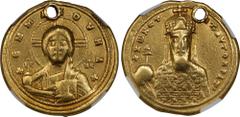 CONSTANTINE VII, 913-959. AV Medallic Bulla of 4 Solidi Weight (17.73 gms), ca. 945. Constantinople Mint. NGC VF★, Strike: 5/5 Surface: 2/5. Fine Style. Pierced. Obverse: + ЄMMANOVHΛ +, facing bust of