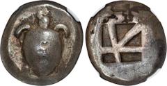 AEGINA. AR Stater (12.15 gms), ca. 470/65-445/40 B.C. NGC Ch F, Strike: 5/5 Surface: 2/5. Graffito, Scratches, Countermark. HGC-6, 435. Obverse: Sea turtle, with head in profile, "trefoil" collar, and
