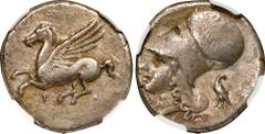 CORINTHIA. Corinth. AR Stater, ca. 4th Century B.C. NGC VF. Pegasi-426; BCD Corinth-101; HGC-4, 1848. Obverse: Pegasos flying left; Reverse: Helmeted head of Athena left; eagle standing left, head rig