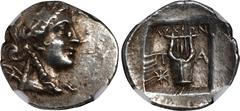 LYCIA. Lycian League. Patara. AR Drachm, ca. 167-100 B.C. NGC EF. Troxell-20.4 (same obv die). Obverse: Laureate head of Apollo right, right bow and quiver over shoulder; Reverse: Kithara; star to low