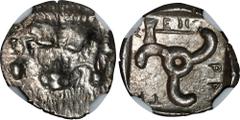 LYCIA. Dynasts of Lycia. Mithrapata, ca. 390-370 B.C. AR 1/6 Stater, ca. 390-360 B.C. NGC AU. SNG von Aulock-unlisted; Museler-unlisted. Obverse: Lion scalp facing; Reverse: Triskeles; labrys (axe) in