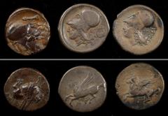 MIXED LOTS. Trio of AR Staters (3 Pieces), ca. 4th Century B.C. Average Grade: FINE. 1) CORINTHIA. Corinth. AR Stater (7.84 gms). FINE. Pegasi-426. Obverse: Pegasos flying left; Reverse: Helmeted head