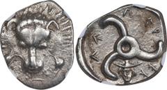 LYCIA. Dynasts of Lycia. AR 1/3 Stater (3.12 gms), ca. 390-375 B.C. NGC Ch VF, Strike: 4/5 Surface: 4/5. SNG von Aulock-4254. Obverse: Lion's scalp facing; Reverse: Triskeles.