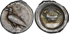 Ancient Coins SICILY. Akragas. AR Didrachm (8.84 gms), ca. 488/85-480/78 B.C. NGC Ch EF, Strike: 5/5 Surface: 4/5. Overstruck. HGC-2, 94; Westermark-Group III, 217 (O76/R143). Obverse: Sea eagle stand