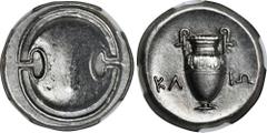Ancient Coins BOEOTIA. Thebes. AR Stater (12.21 gms), ca. 368-364 B.C. NGC AU, Strike: 5/5 Surface: 4/5. HGC-4, 1332; BCD Boiotia-531. Klion, magistrate. Obverse: Boeotian shield; Reverse: Amphora; KΛ