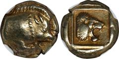 Ancient Coins LESBOS. Mytilene. EL Hekte (2.54 gms), ca. 454-428/7 B.C. NGC Ch VF, Strike: 5/5 Surface: 5/5. HGC-6, 967; Bod-41. Obverse: Forepart of boar right; Reverse: Head of lion right in linear 