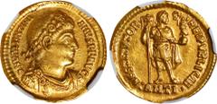 Ancient Coins VALENTINIAN I, A.D. 364-375. AV Solidus (4.48 gms), Antioch Mint, A.D. 365. NGC AU, Strike: 5/5 Surface: 3/5. Brushed. RIC-2B; Depeyrot-26/1. Obverse: Rosette-diademed, draped, and cuira