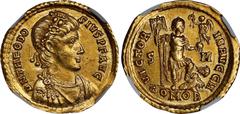 Ancient Coins THEODOSIUS I, A.D. 379-395. AV Solidus (4.46 gms), Sirmium Mint, 8th Officina, A.D. 393-395. NGC Ch EF, Strike: 5/5 Surface: 2/5. Brushed, Scuffs. RIC-13B; Depeyrot-33/5. Obverse: Laurel