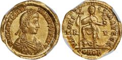 Ancient Coins VALENTINIAN III, A.D. 425-455. AV Solidus (4.53 gms), Ravenna Mint, ca. A.D. 426-430. NGC Ch AU, Strike: 4/5 Surface: 4/5. Flan Flaw. RIC-2018; Depeyrot-17/1. Obverse: Rosette-diademed, 