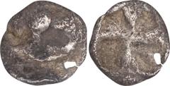 ATTICA. Athens. AR Obol, ca. 545-520/10 B.C. NGC FINE. Bent, Flan Flaw. cf. HGC-4, 1675; SNG Cop-7 (obol); cf. SNG München-5-7 (obol). "Wappenmünzen" type. Obverse: Wheel of four spokes; Reverse: Quad