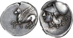 CORINTHIA. Corinth. AR Stater (8.53 gms), ca. 345-307 B.C. NGC AU, Strike: 4/5 Surface: 1/5. Ex-Mount. HGC-4, 1848; Pegasi-386, BCD Corinth-128. Obverse: Pegasos flying left; Reverse: Helmeted head of
