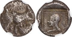 CARIA or LYCIA. Uncertain Mint 'G'. Orou or Uvug. AR 1/4 Stater, ca. 490-400 B.C. NGC Ch F. Konuk, Orou-1.2; SNG Keckman-514-6; SNG von Aulock-8475. Obverse: Forepart of winged man-headed bull left; R