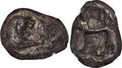 LYDIA. Kroisos, 561-546 B.C. AR Hemistater (5.05 gms), Sardes Mint. NGC Ch VF, Strike: 5/5 Surface: 2/5. Berk-23; SNG Kayhan-1024-6. Obverse: Confronted foreparts of lion and bull; Reverse: Two incuse