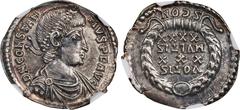 CONSTANTIUS II, A.D. 337-361. AR Siliqua, Arelate Mint, ca. A.D. 353-360. NGC AU. RIC-207; RSC-342. Obverse: Pearl-diademend, draped, and cuirassed bust right; Reverse: VOTIS/ XXX/ MVLTIS/ XXXX in fou