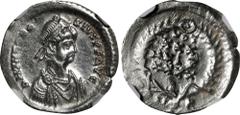 THEODOSIUS II, A.D. 402-450. AR Siliqua, Constantinople Mint, ca. A.D. 430-438. NGC Ch VF. Brushed, Scratches. RIC-385; RSC-20E. Obverse: Pearl-diademed, draped, and cuirassed bust right; Reverse: VOT