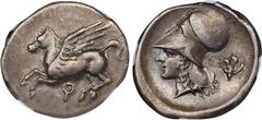 CORINTHIA. Corinth. AR Stater (8.36 gms), ca. 345-307 B.C. NGC VF, Strike: 4/5 Surface: 3/5. Die Shift. HGC-4, 1848; Pegasi-374; BCD Corinth-97. Obverse: Pegasos flying left; Reverse: Helmeted head of