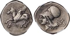 CORINTHIA. Corinth. AR Stater (8.50 gms), ca. 345-307 B.C. NGC VF, Strike: 5/5 Surface: 3/5. HGC-4, 1848; Pegasi-383; BCD Corinth-126. Obverse: Pegasos flying left; Reverse: Helmeted head of Athena le