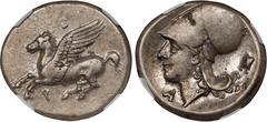 CORINTHIA. Corinth. AR Stater (8.57 gms), ca. 345-307 B.C. NGC Ch EF, Strike: 4/5 Surface: 4/5. HGC-4, 1848; Pegasi-400; BCD Corinth-Unlisted. Obverse: Pegasos flying left; Reverse: Helmeted head of A