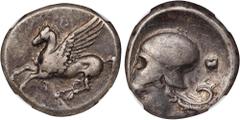 CORINTHIA. Corinth. AR Stater, ca. 345-307 B.C. NGC Ch F. HGC-4, 1848; Pegasi-400; BCD Corinth-Unlisted. Obverse: Pegasos flying left; Reverse: Helmeted head of Athena left; astragalos to right.