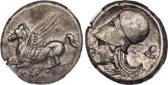 CORINTHIA. Corinth. AR Stater (8.56 gms), ca. 345-307 B.C. NGC Ch EF, Strike: 4/5 Surface: 4/5. HGC-4, 1848; Pegasi-402; BCD Corinth-115. Obverse: Pegasos flying left; Reverse: Helmeted head of Athena