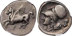 CORINTHIA. Corinth. AR Stater (8.54 gms), ca. 345-307 B.C. NGC Ch VF, Strike: 5/5 Surface: 3/5. HGC-4, 1848; Pegasi-408; BCD Corinth-119. Obverse: Pegasos flying left; Reverse: Helmeted head of Athena