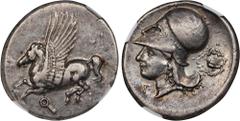 CORINTHIA. Corinth. AR Stater (8.57 gms), ca. 345-307 B.C. NGC EF, Strike: 5/5 Surface: 3/5. Scratches. HGC-4, 1848; Pegasi-419; BCD Corinth-110. Obverse: Pegasos flying left; Reverse: Helmeted head o
