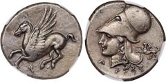 CORINTHIA. Corinth. AR Stater (8.51 gms), ca. 345-307 B.C. NGC Ch VF, Strike: 5/5 Surface: 3/5. HGC-4, 1848; Pegasi-428; BCD Corinth-102. Obverse: Pegasos flying left; Reverse: Helmeted head of Athena