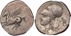 CORINTHIA. Corinth. AR Stater (8.53 gms), ca. 345-307 B.C. NGC EF, Strike: 4/5 Surface: 3/5. HGC-4, 1848; Pegasi-453; BCD Corinth-Unlisted. Obverse: Pegasos flying left; Reverse: Helmeted head of Athe