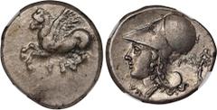 CORINTHIA. Corinth. AR Stater, ca. 345-307 B.C. NGC Ch VF. HGC-4, 1848; Pegasi-458; BCD Corinth-134. Obverse: Pegasos flying left; Reverse: Helmeted head of Athena left; to right, Athena standing left