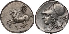 CORINTHIA. Corinth. AR Stater (8.58 gms), ca. 345-307 B.C. NGC AU, Strike: 5/5 Surface: 3/5. Brushed. HGC-4, 1848; Pegasi-459; BCD Corinth-Unlisted. Obverse: Pegasos flying left; Reverse: Helmeted hea