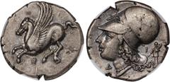 CORINTHIA. Corinth. AR Stater (8.55 gms), ca. 345-307 B.C. NGC Ch EF, Strike: 5/5 Surface: 3/5. HGC-4, 1848; Pegasi-459; BCD Corinth-Unlisted. Obverse: Pegasos flying left; Reverse: Helmeted head of A