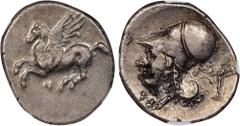CORINTHIA. Corinth. AR Stater (8.53 gms), ca. 345-307 B.C. NGC Ch VF, Strike: 3/5 Surface: 3/5. Die Shift. HGC-4, 1848; Pegasi-459; BCD Corinth-Unlisted. Obverse: Pegasos flying left; Reverse: Helmete