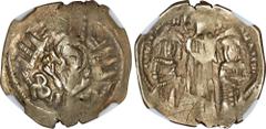 ANDRONICUS II with ANDRONICUS III, 1282-1328. EL Hyperpyron (4.14 gms), Constantinople Mint, 1297-1330. NGC EF, Strike: 2/5 Surface: 2/5. Scratches. S-2461. Obverse: The Virgin Mary standing facing wi