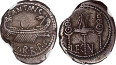 MARC ANTONY. AR Denarius, Patrae (?) Mint, 32-31 B.C. NGC Ch F. Marks, Banker's Mark. Cr-544/18; S-1479; Syd-1221. Legionary type. Obverse: Praetorian galley right; Reverse: Aquila between two signa; 