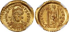 MARCIAN, A.D. 450-457. AV Solidus (4.49 gms), Constantinople Mint, 7th Officina. NGC MS, Strike: 3/5 Surface: 5/5. Adjusted Flan. RIC-510; Depeyrot-87/1. Obverse: Pearl-diademed, helmeted, and cuirass
