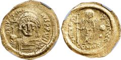 JUSTINIAN I, 527-565. AV Solidus (4.50 gms), Constantinople Mint, 5th Officina, ca. 542-565. NGC MS, Strike: 3/5 Surface: 3/5. Hairlines. S-140. Obverse: Helmeted and cuirassed bust facing, holding gl
