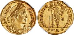 Ancient Coins VALENS, A.D. 364-378. AV Solidus (4.50 gms), Rome Mint, 4th Officina, A.D. 364-367. NGC Ch AU★, Strike: 5/5 Surface: 5/5. RIC-2C.3; Dep-30/2. Obverse: Pearl-diademed, draped, and cuirass