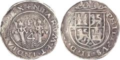 Rutherford Collection & Latin American Coins PERU. 4 Reales, ND (1570)-P X/R. Lima Mint, Assayer Xines Martinez (X). Philip II. PCGS Genuine--Salt Water Damage, EF Details. cf. KM-10.1 (for type); Cal