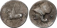 CORINTHIA. Corinth. AR Stater, ca. 375-300 B.C. VERY FINE. HGC-4, 1848; Pegasi-392; BCD Corinth-100. Obverse: Pegasos flying left; Reverse: Helmeted head of Athena left; Δ below; to right, radiate fac