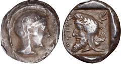 LYCIA. Dynasts of Lycia. Kherei, ca. 430-410 B.C. AR Drachm (4.23 gms). NGC Ch VF, Strike: 3/5 Surface: 4/5. Museler-VI, 46 (This coin). Obverse: Helmeted head of Athena right; Reverse: Head of Kherei