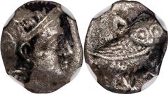 BAKTRIA. Local Issues. AR Hemidrachm, ca. 295/3-285/3 B.C. NGC Ch F. HGC-12, 9. Imitating Athens. Obverse: Head of Athena right, wearing crested attic helmet; Reverse: Owl Standing right, head facing,