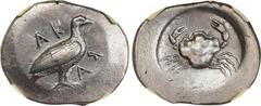 Ancient Coins SICILY. Akragas. AR Didrachm (8.72 gms), ca. 480-470 B.C. NGC Ch EF, Strike: 5/5 Surface: 4/5. HGC-2, 99; SNG ANS-954. Obverse: Sea Eagle standing facing right, closed wings; Reverse: Cr